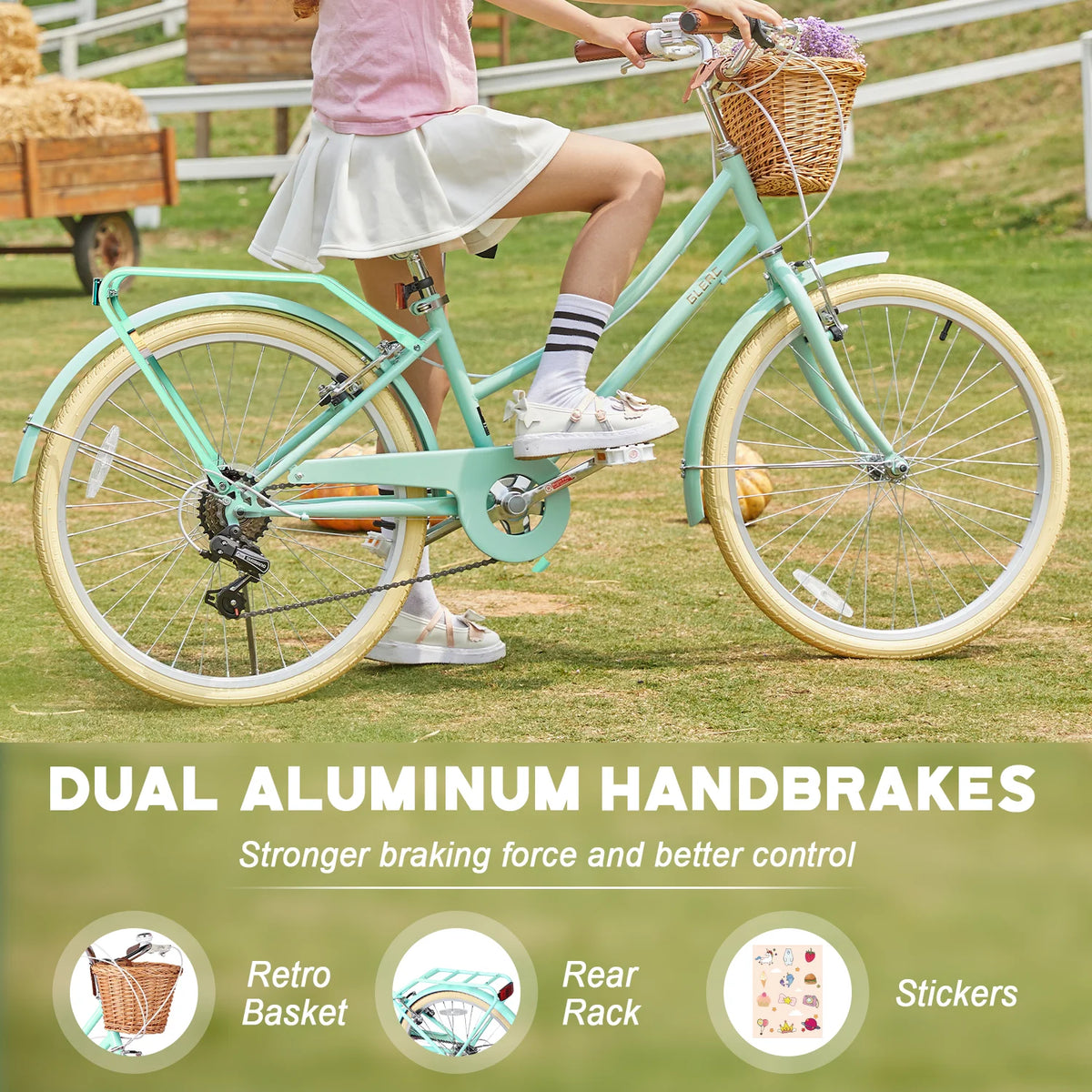 Glerc Missy 24" Girls Cruiser Bike 6-Speed Women's Hybird Bicycle for Ages 7-11 Years, Mint Green