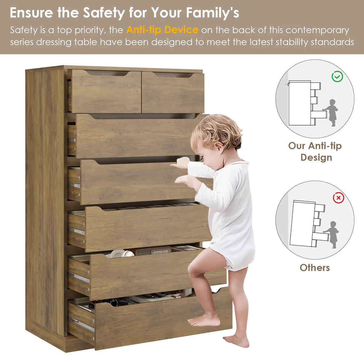 Homfa 7 Drawer White Dresser, 51.3"H Wood Storage Cabinet with Upgraded Stable Base, Vertical Chest for Bedroom Living Room