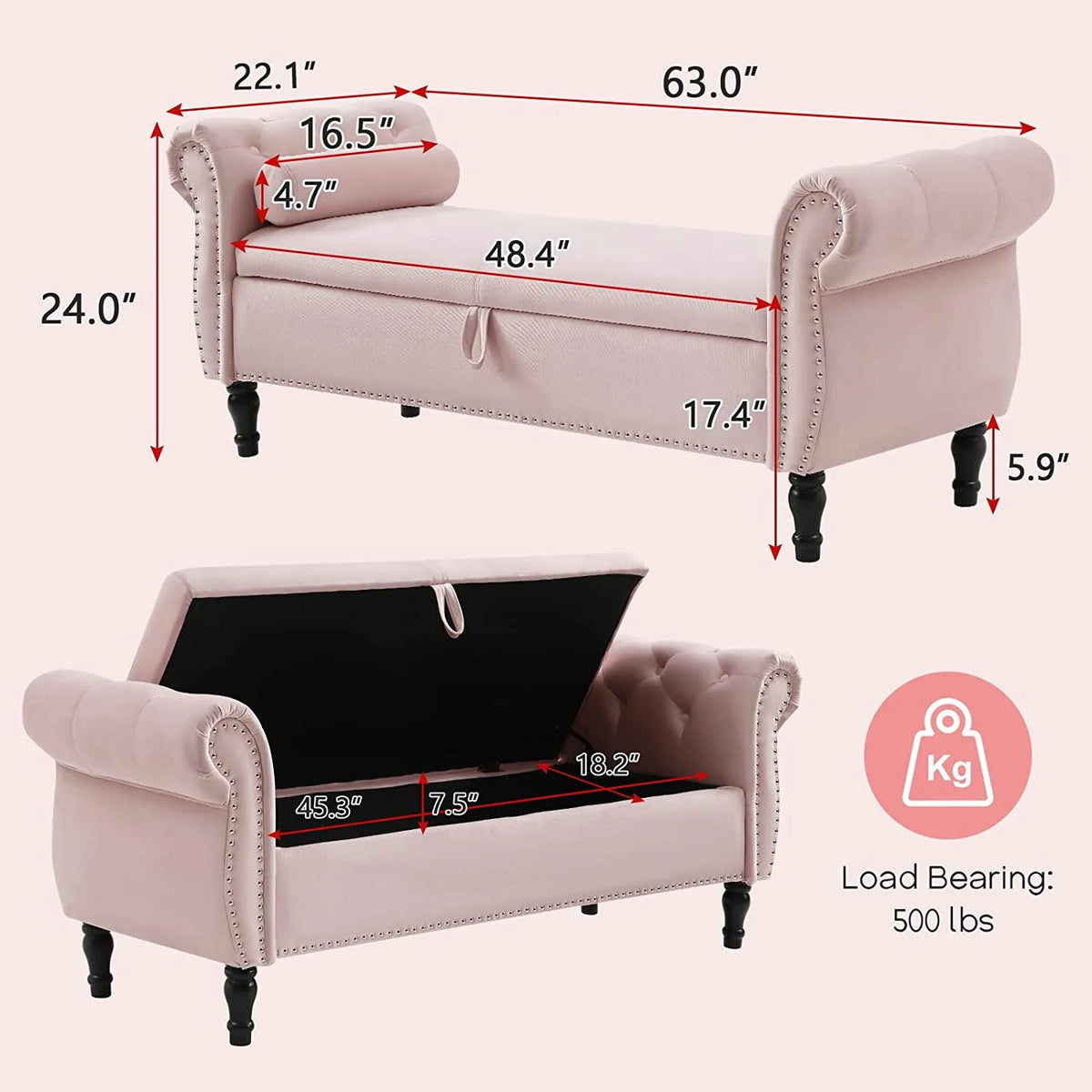 Sumdeal 43.5" Storage Ottoman Bench with 250lb Seating, Linen Upholstered Wood Legs Safety Hinge Flip Top Oval Foot Rest Long Stool for Sofa Couch Bedroom End of Bed Living Room Entryway, White