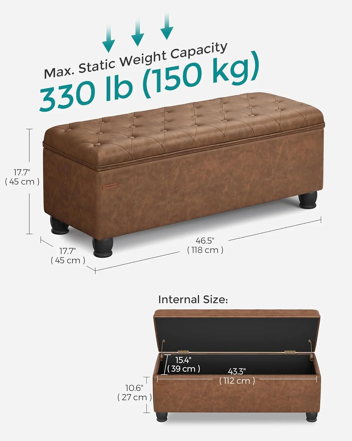 SONGMICS 46.5" Storage Ottoman Bench Storage Bench Bedroom Bench 330lb Load Capacity Solid Wood Legs Light Gray