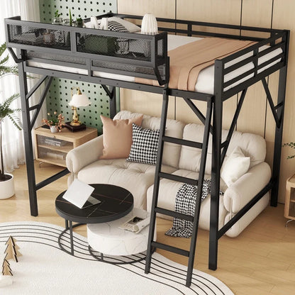 Duxelifin Queen Size Metal Loft Bed Frame, Heavy Duty Steel High Loft Bed with Storage Shelves & Ladder, Space-Saving Loft Bed for Apartments, Adults, Teens & Juniors (Black)