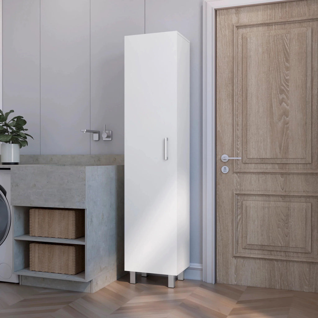 FM FURNITURE Clarno Tall Storage Cabinet, Single Door with Broom Hangers ,White