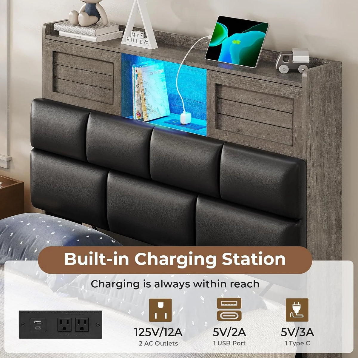 Twin Bed Frame with Bookcase Headboard and Storage, Barn Doors Twin Size Upholstered Beds with 4 Under Bed Storage Drawers & Charging Station & LED Lights, Grey