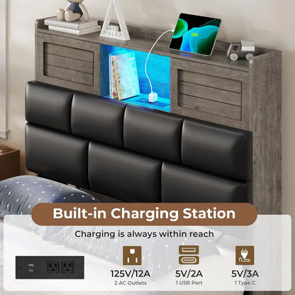 Twin Bed Frame with Bookcase Headboard and Storage, Barn Doors Twin Size Upholstered Beds with 4 Under Bed Storage Drawers & Charging Station & LED Lights, Grey