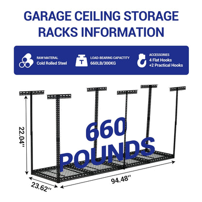 Overhead Garage Storage Rack - Heavy Duty 300kg Capacity, Adjustable 56-100cm Height, 180x120cm Black Steel Shelving with Hooks for Garage Organization