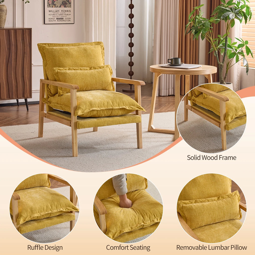 Ktaxon Chenille Accent Chair, Solid Wood Armrests Armchair, Metal Frame for Stability, Single Sofa with Comfortable Cushions and Lumbar Pillow Beige