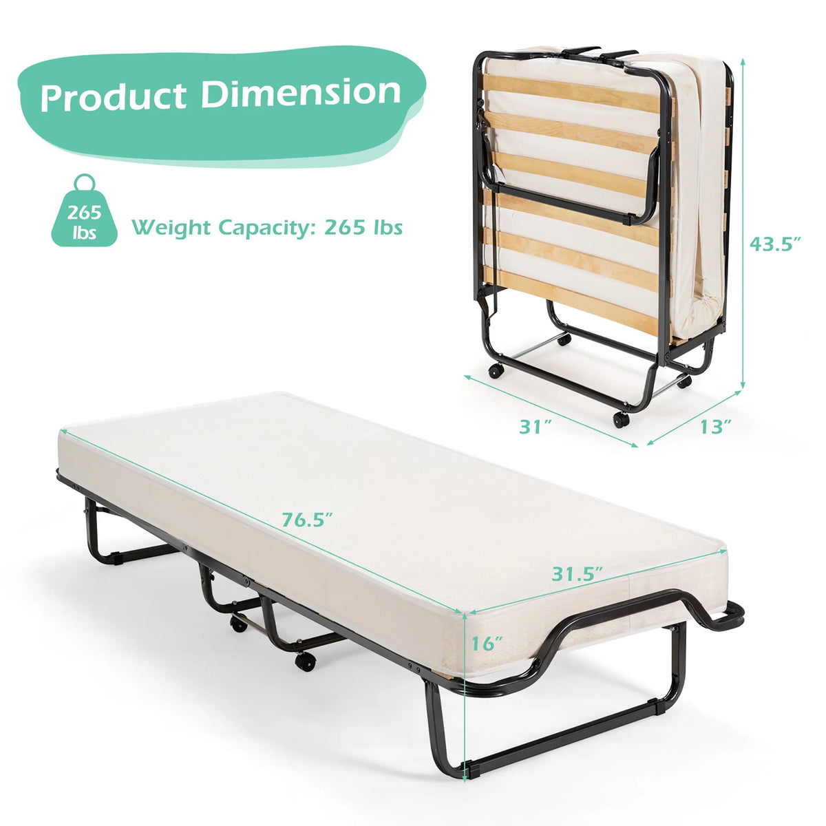 Gymax Portable Rollaway Guest Bed Folding Bed w/ Mattress Memory Foam & Dustproof Cover