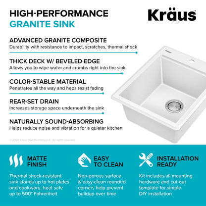 KRAUS Bellucci 18 Granite Composite Workstation Drop-In Top Mount Single Bowl Kitchen Bar Sink in White with Accessories