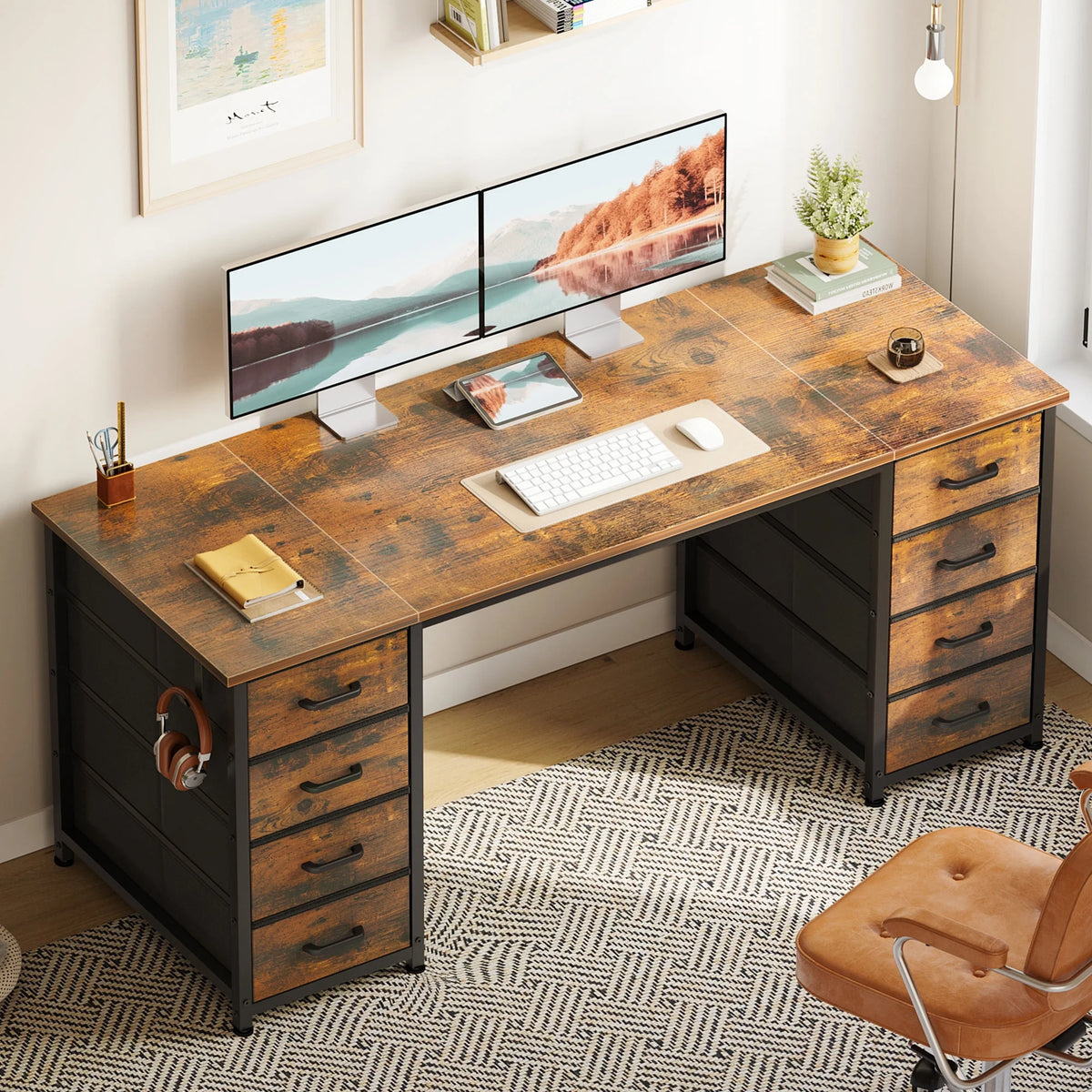 White Computer Desk with Drawers for Storage - 48 inch Home Office Desk with 8 Fabric Drawers, Writing Study Desk with Drawers on Both Sides for Bedroom