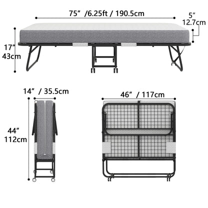 Folding Bed with Mattress 75" x 31" Cot Size Folded Bed, Rollaway Guest Bed Portable Foldable Extra Bed for Adults Daybed with 5" Memory Foam Mattress Space-Saving Sturdy Metal Grid Frame