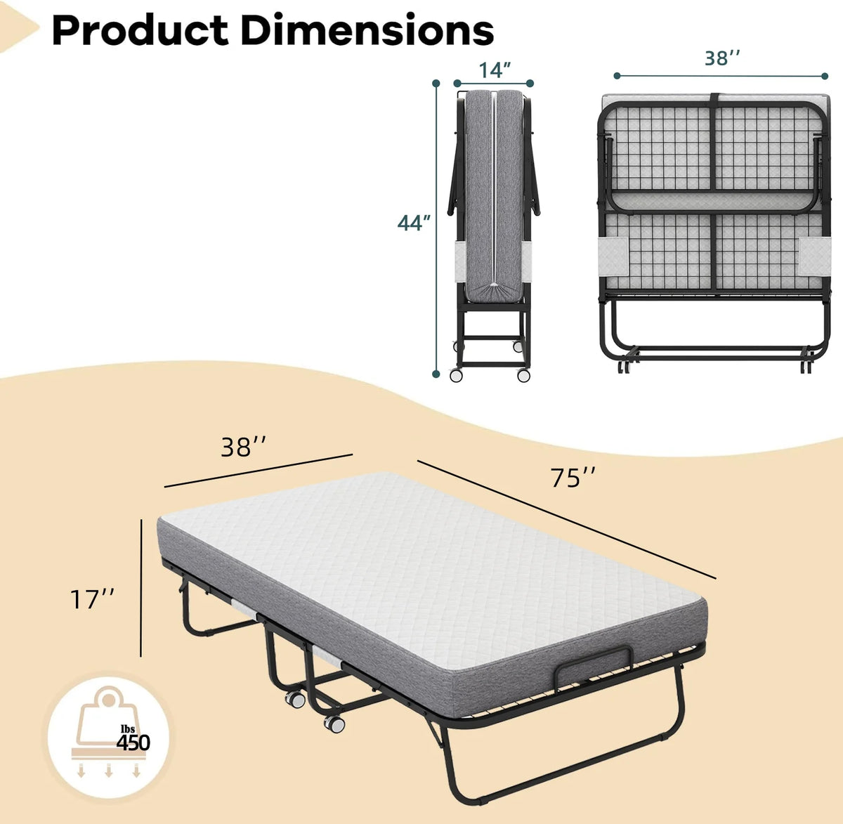Full Size Folded Bed with Mattress, 75" x 54" Folding Bed, Twin Bed, Rollaway Bed Guest Bed for Adults with Sturdy Frame