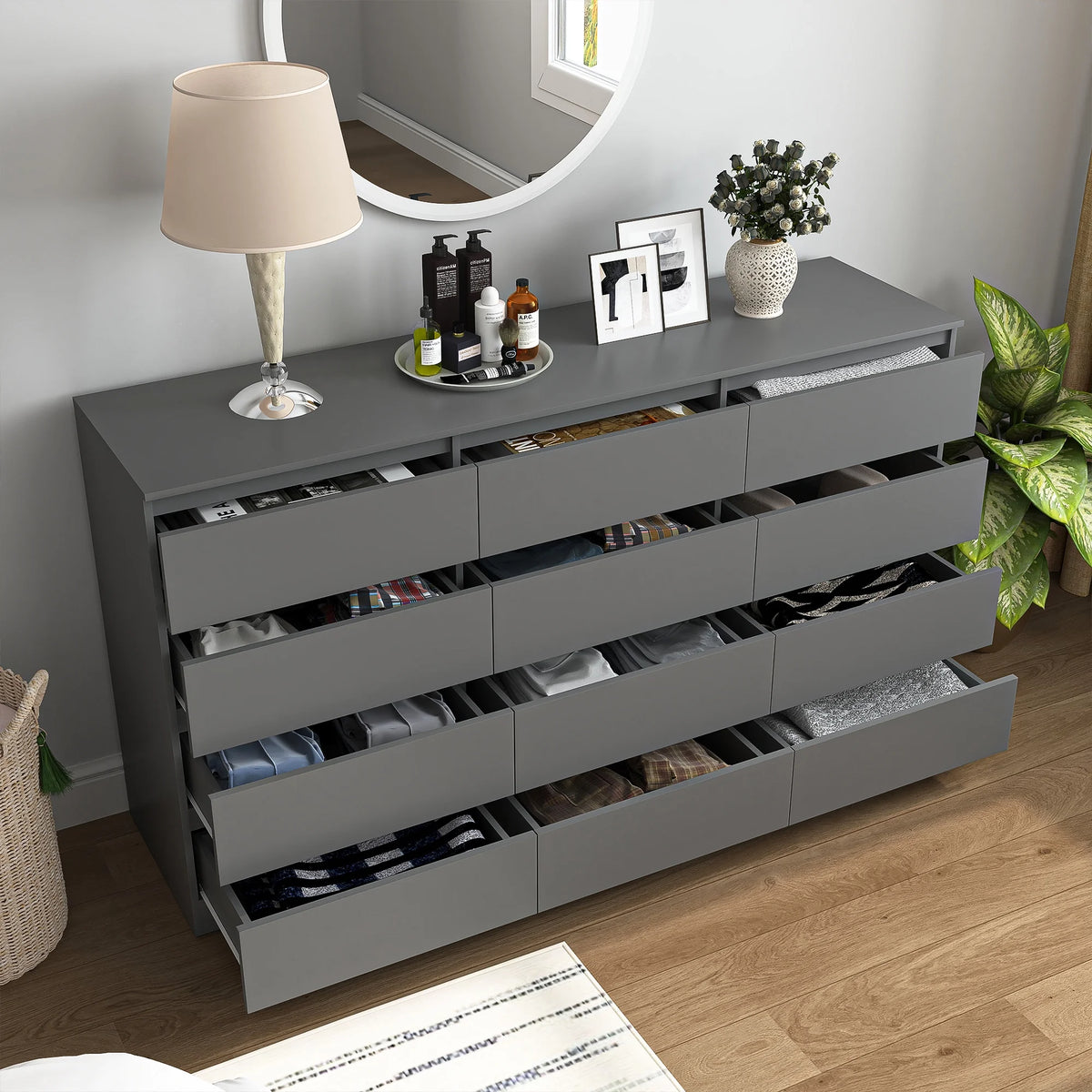 Resenkos Modern Mid Century 6 Drawer Wide Dressers Chests for Bedroom, Chest of Drawer Organizer Grey