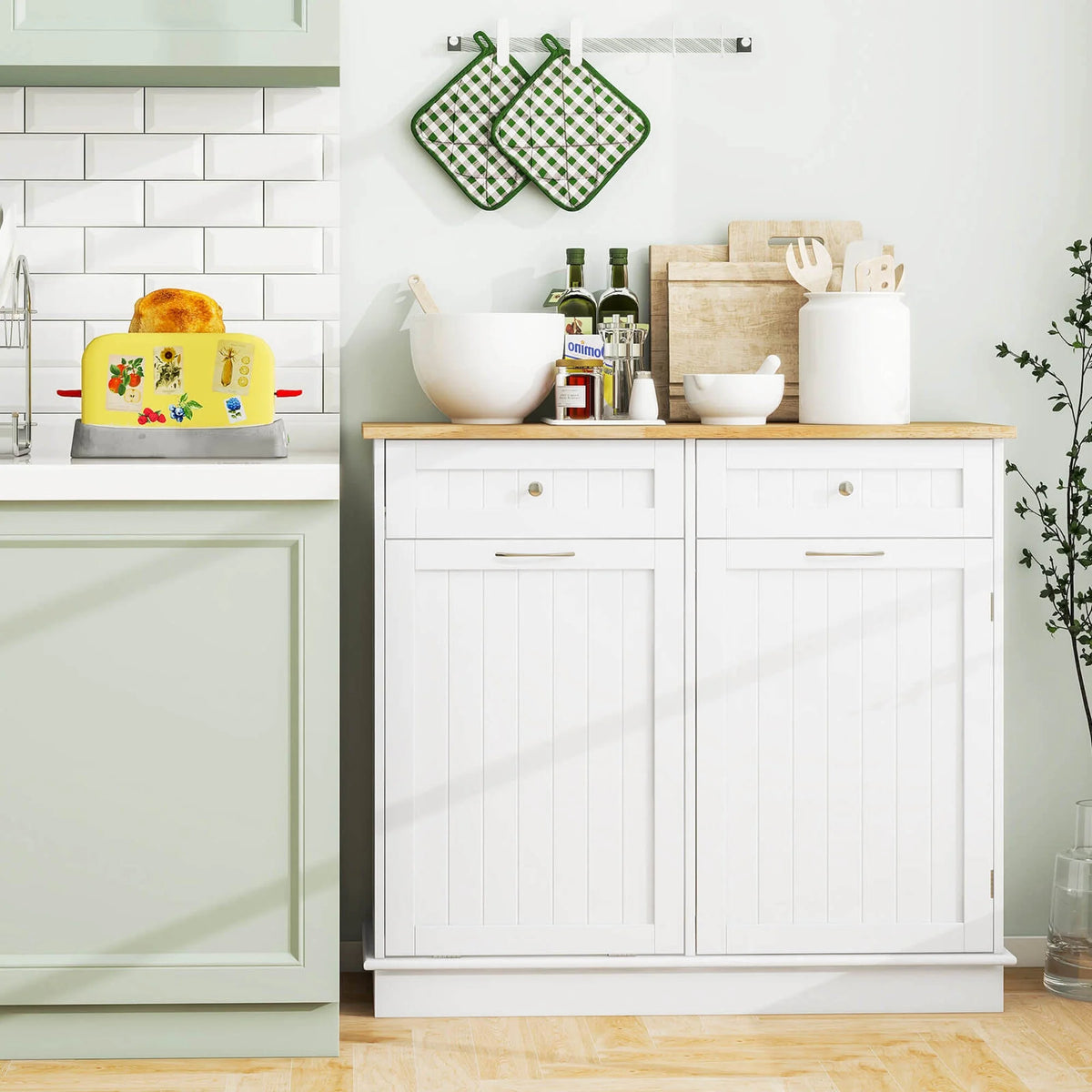 Costway 15.5 Gallon Kitchen Tilt Out Trash Cabinet Rubber Wood Tabletop 2 Drawers Shelf Gray