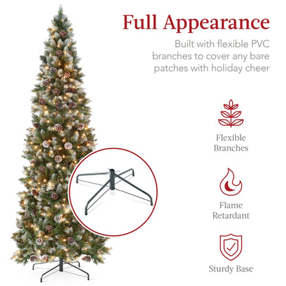 Best Choice Products 6ft Pre-Lit Partially Flocked Pencil Christmas Tree w/ 250 Lights, Pine Cones, Foldable Stand