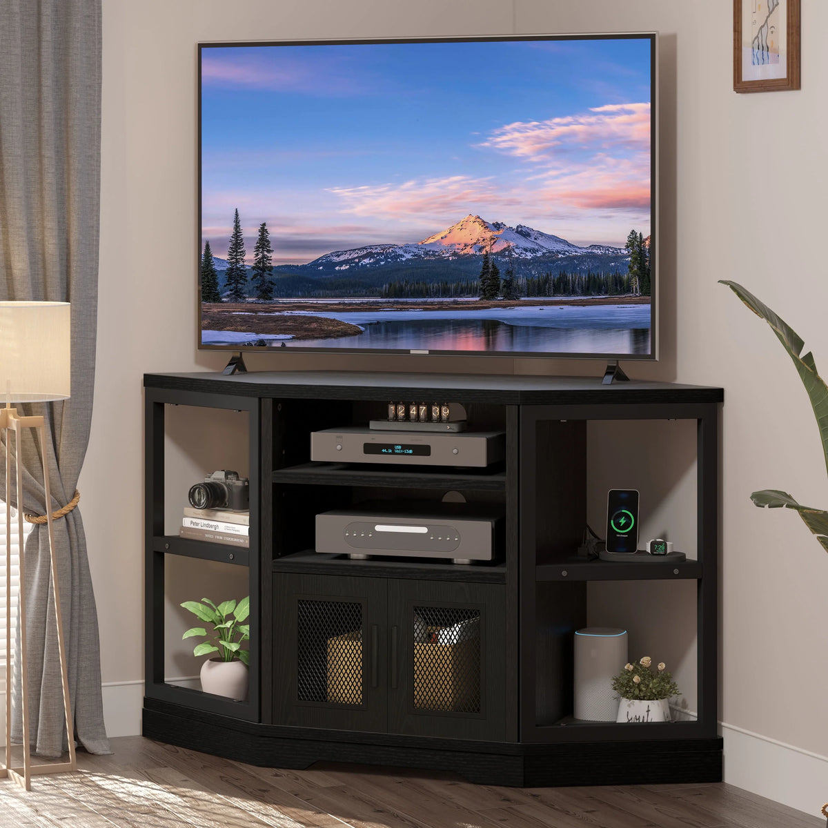 Dextrus Farmhouse Corner TV Stand for TVs up to 55 inch with Power Outlet, Wood Entertainment Center, TV Media Console with Storage, White Oak