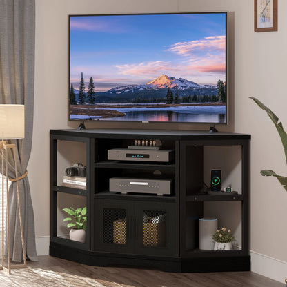 Dextrus Farmhouse Corner TV Stand for TVs up to 55 inch with Power Outlet, Wood Entertainment Center, TV Media Console with Storage, White Oak