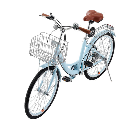 KFFKFF 26" Cruiser Bike, 7-Speed,Pale Blue Coastal Riding Bike with Spacious Basket and Back Stand, Safe & Robust Bicycle with Modifiable Saddle