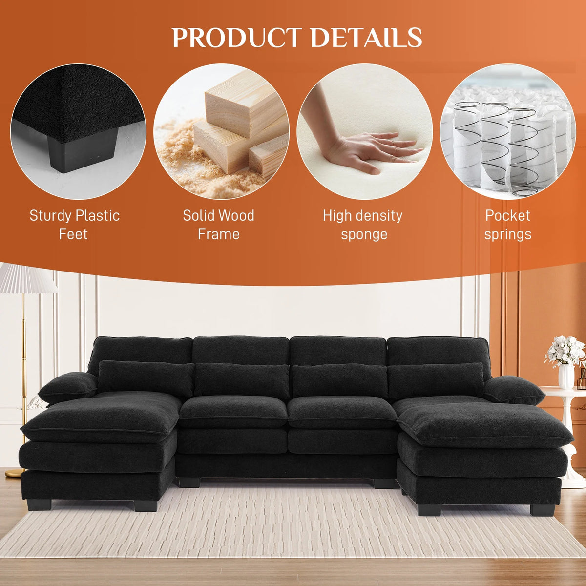 Rophefx 114.3" U Shaped Sectional Couches for Living Room,Cloud Couch,4 Seats Chenille Couch with Double Layer Cushion,Orange