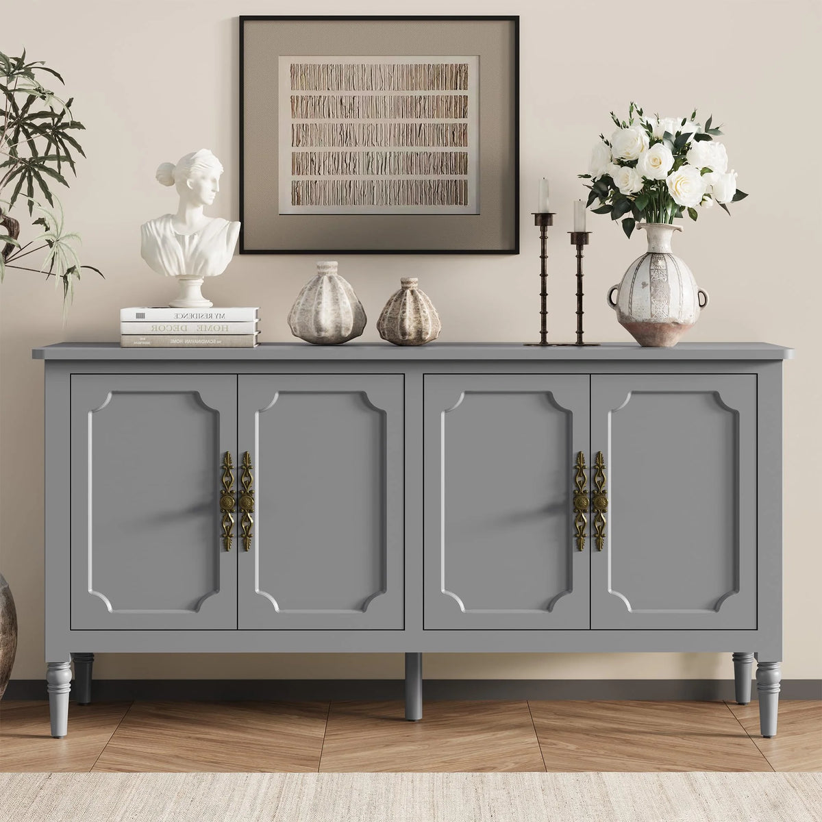 May in Color Console Cabinet, 58'' Wood Sideboard Buffet Cabinet with Storage & 4 Doors, Mid Century Modern Pantry Cabinet for Entryway, Living Room, Bedroom, Dining Room, Green