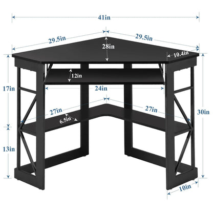 VECELO Corner Computer Desk with Keyboard Tray and Storage Shelf, Student Study Writting Table Workstation for College Dorm Apartment Home Office, Black (90 Degrees)
