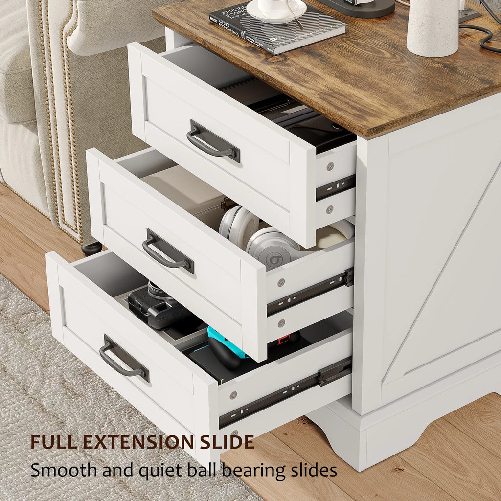 Farmhouse Nightstand Set of 2, 22 inch Side Table with Charging Station for Bedroom, 2PCS, White