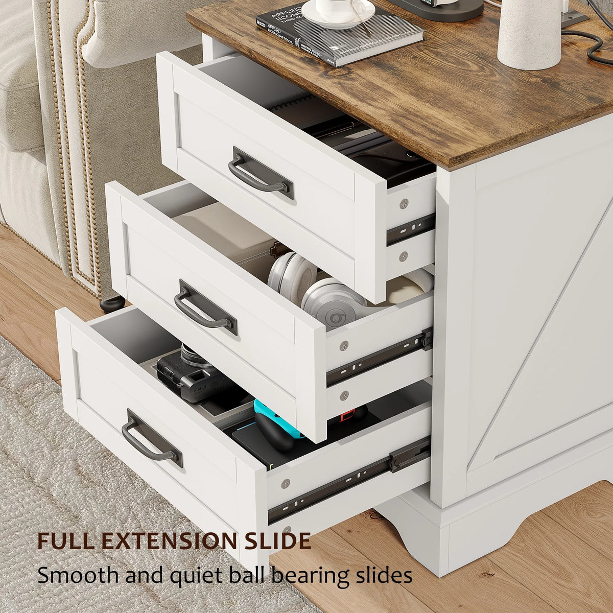 Farmhouse Nightstand Set of 2, 22 inch Side Table with Charging Station for Bedroom, 2PCS, White