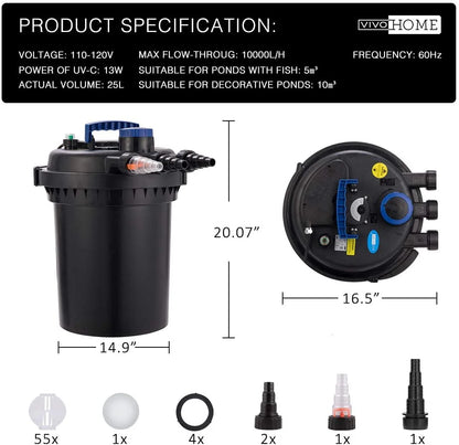 SPECSTAR Pressurized Biological Pond Filter with 13-watt Light, 1580 GPH Suitable for Koi Ponds up to 800 Gallons or Ornamental Ponds up to 1600 Gallons