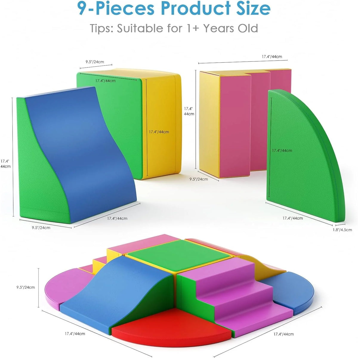 Foam Climbing Blocks for Toddlers, 9 Pieces Soft Play Climbing for Kids, Toddler Climbing Toys with Stair and Slide, Indoor Crawl and Climb Playset for Kids (Colorful)