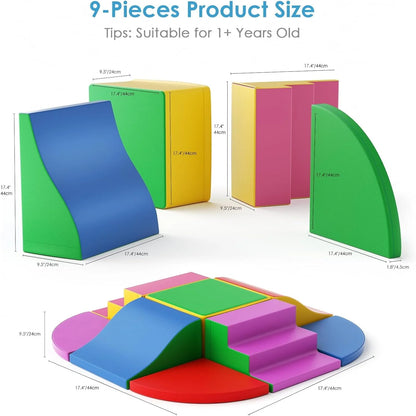 Foam Climbing Blocks for Toddlers, 9 Pieces Soft Play Climbing for Kids, Toddler Climbing Toys with Stair and Slide, Indoor Crawl and Climb Playset for Kids (Colorful)