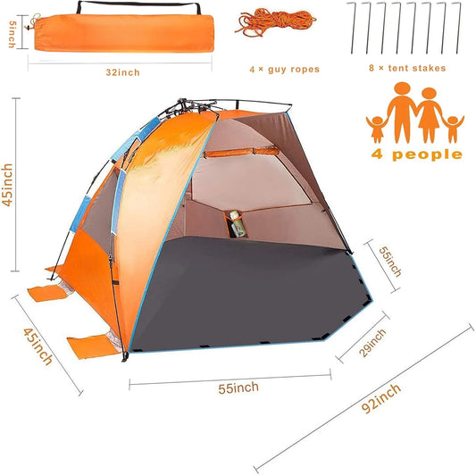 X-Large 4 Person Beach Tent Sun Shelter - Portable Sun Shade Instant Tent for Beach with Carrying Bag, Stakes, 6 Sand Pockets, Anti UV for Fishing Hiking Camping, Waterproof Windproof, Orange