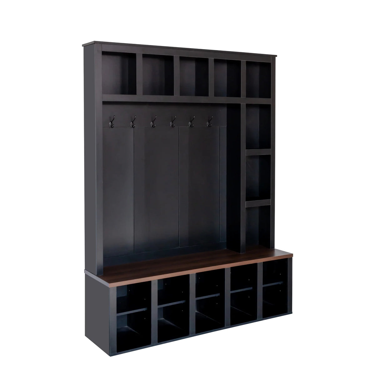 Euroco Farmhouse Wooden Style Hall Tree with 6 Hooks, Walnut Storage Bench, Adjustable Shelves, and 4-in-1 Entryway Shoe Cabinet with 13 Cubbies