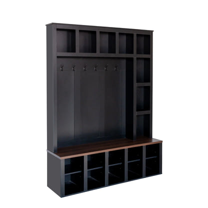Euroco Farmhouse Wooden Style Hall Tree with 6 Hooks, Walnut Storage Bench, Adjustable Shelves, and 4-in-1 Entryway Shoe Cabinet with 13 Cubbies