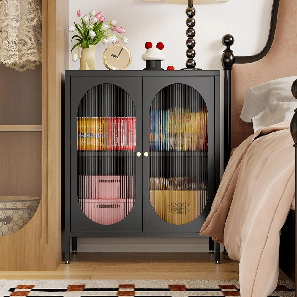 Small 2 Transparent Door Metal Storage Side Buffet Cabinet for Bed Room,Living Room,Entryway,Hallway,Home,Hotel,Office,Garage,Kitchen,1 Removable Shelf.