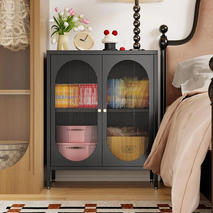 Small 2 Transparent Door Metal Storage Side Buffet Cabinet for Bed Room,Living Room,Entryway,Hallway,Home,Hotel,Office,Garage,Kitchen,1 Removable Shelf.