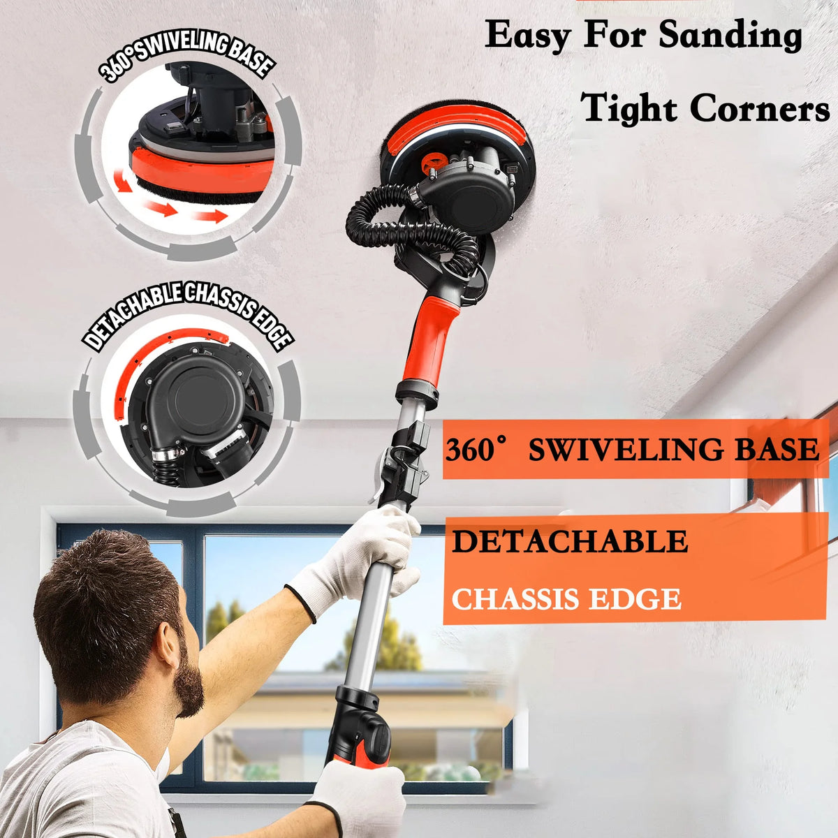 POVANLI 780W Electric Drywall Sander with Vacuum Dust Collection, 6.5A Motor Dustless Floor Sander with Variable Speed 900-1800RPM, LED Light, Extendable & Foldable Handle Yellow+Black