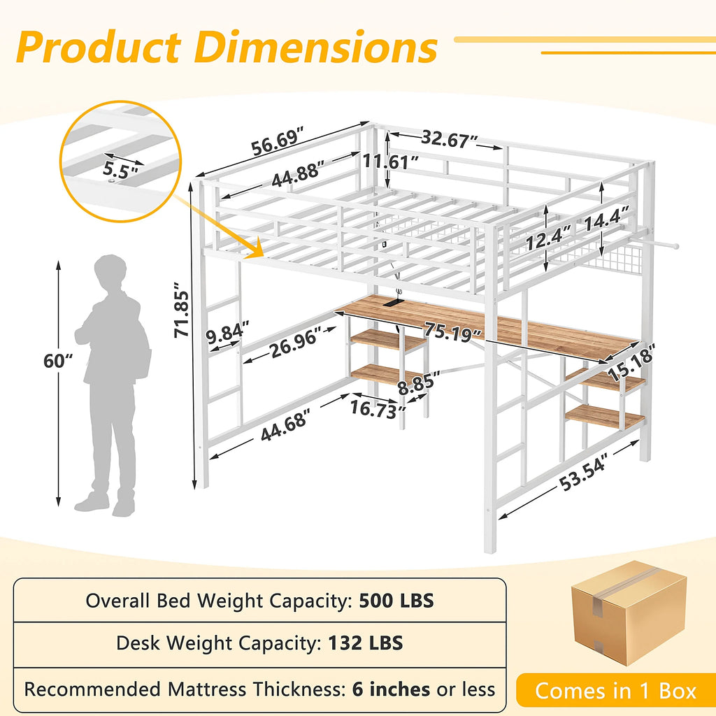 Twin Loft Bed with Desk, UHOMEPRO Metal Loft Bed with LED Lights, Charge Station, DIY Mesh, Clothes Rail, 4 Storage Shelves, Safety Rails and 2 Ladders, Loft Bed for Teen Adult, Black