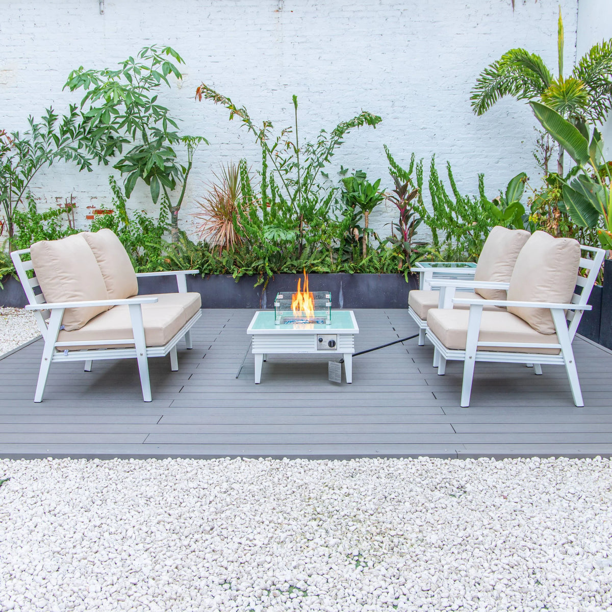 LeisureMod Walbrooke Modern Aluminum 5-Piece Patio Conversation Set with Outdoor Square Fire Pit Table with Slats Design & Side Table Tank Holder (Green)