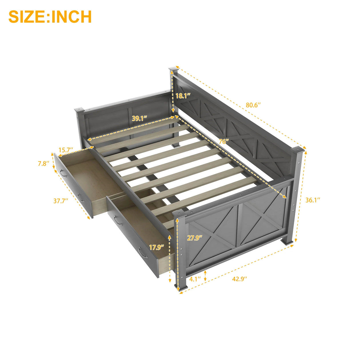 Euroco Twin Size Dayed with 2 Storage Drawers for Bedroom Low Profile Platform Bed, White