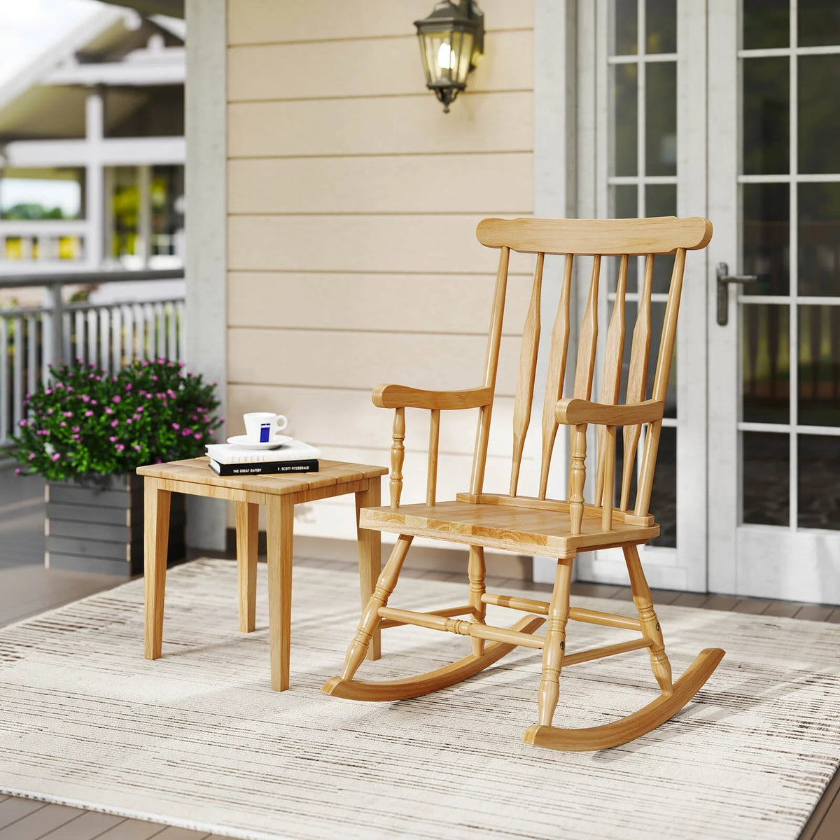 Costway Solid Wood Rocking Chair Porch Rocker Indoor Outdoor Seat Glossy Finish White