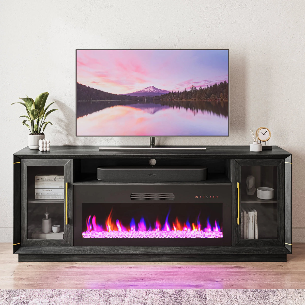 BELLEZE Fireplace TV Stand for TVs Up To 75", Entertainment Center with 36" Electric Fireplace, LED Ambient Lighting, and Storage, Media Console Table 69 Inch - Avenue (Black)
