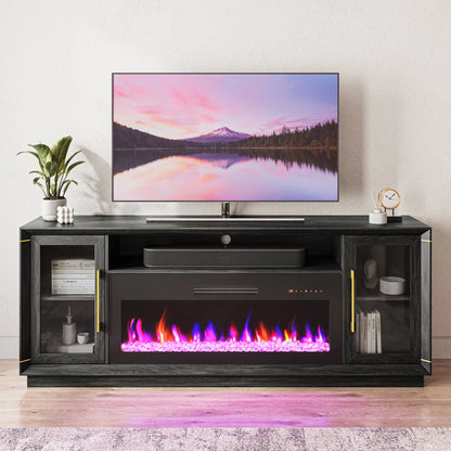 BELLEZE Fireplace TV Stand for TVs Up To 75", Entertainment Center with 36" Electric Fireplace, LED Ambient Lighting, and Storage, Media Console Table 69 Inch - Avenue (Black)