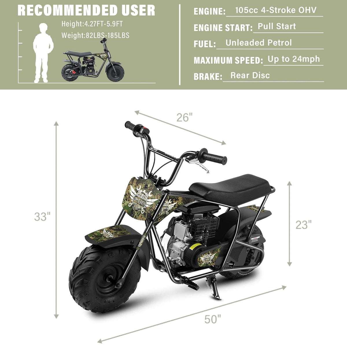 Oryxearth Mini Bike for Kids Motorcycle, Mini motorcycle for kids, Set of Four, 105CC 4-Stroke Ride on Toys, Camo