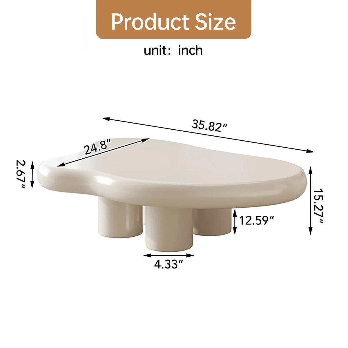Guyii Cream White Coffee Table with 4 Legs, Irregular Side Table, Modern Wood Tea Table for Living Room, Apartment, Office
