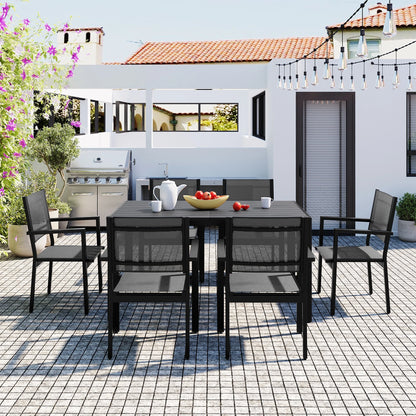 7 Piece Outdoor Dining Set, Patio Dining Table Set for 6 Persons, Garden Patio Textilene Dining Furniture Set with Plastic-Wood Tabletop, Dining Table Chairs Conversation Set for Deck Patio