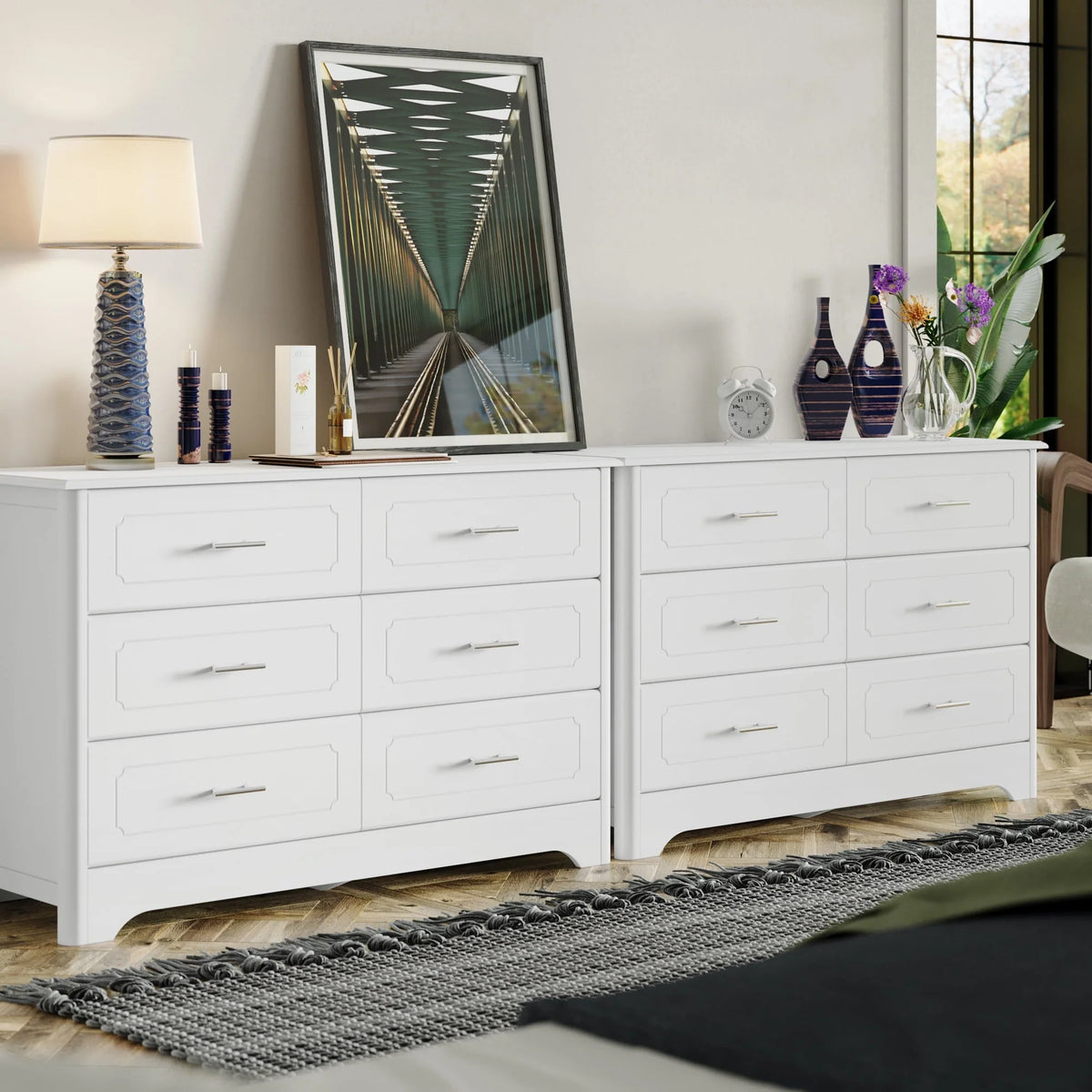 Homfa Double Dresser with 6 Drawer, White Horizontal Dresser Chest for Bedroom