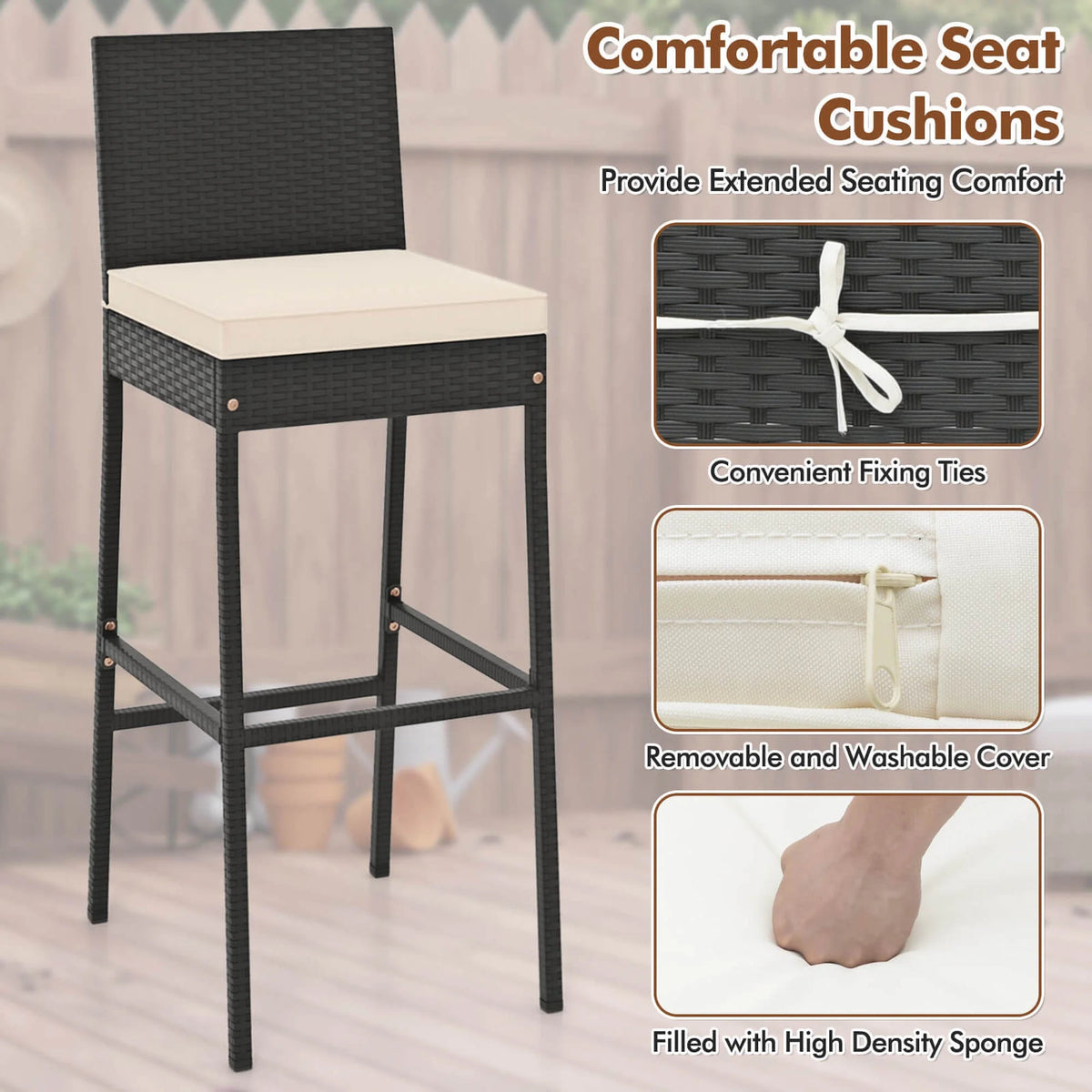 Costway 7 Pieces Patio Bar Set with Acacia Wood Tabletop & Removable Cushions Outdoor