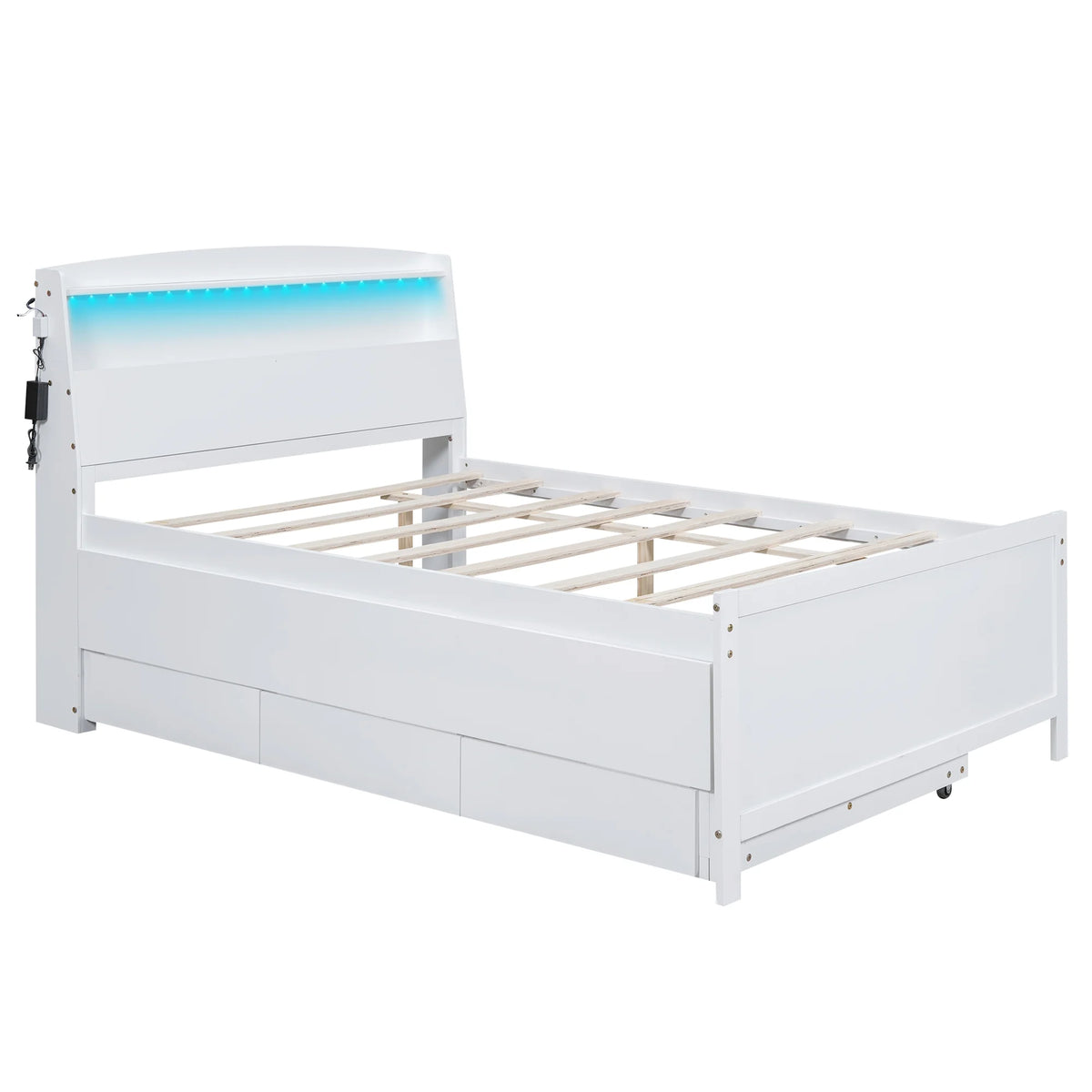 Euroco Wood Twin Size Platform Bed with Storage Headboard, Drawers Trundle and LED Light, White