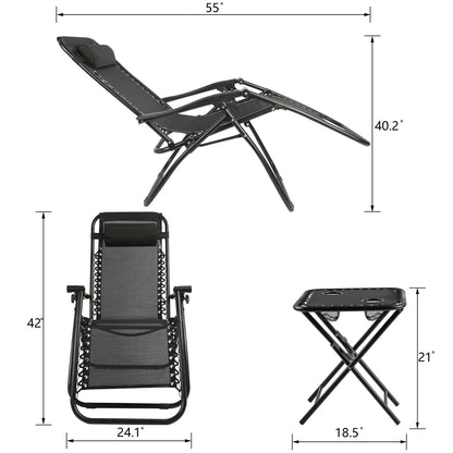 Vineego 3 Pieces Zero Gravity Chair Patio Foldable Chaise Lounge Chairs 2 Beach Chairs and Table with Cup Holders,Beige