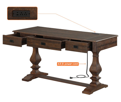 WAMPAT Farmhouse Office Desk with Charging Station - Vintage Rustic Executive Writing Table, Includes 3 Storage Drawers, Sturdy Solid Wood Legs and Ergonomic Rounded Edge for Study,Dark Brown
