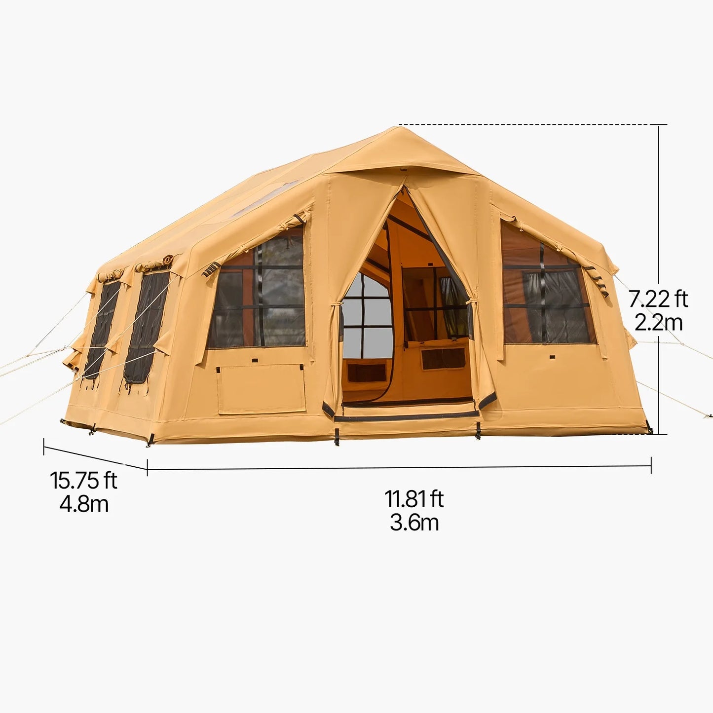 KFFKFF Inflatable Camping Tent for 8-12 Person, 15.75 x 11.81 x 7.22 Ft Glamping Blow up Tent with Hand Pump, Waterproof Air Tent, All-Weather Camping Shelter with Dual Sunroofs, Stove Jack